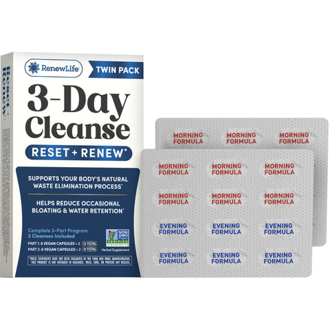 View 1 RenewLife 3-Day Cleanse Twin Pack box for 2 cleanses, each 2 parts with 12 vegan capsules per part. Morning & Evening formulas shown.
