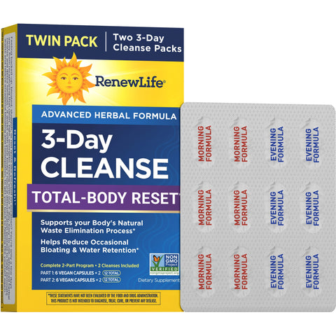 View 1 RenewLife 3-Day Cleanse Total-Body Reset Twin Pack with two 3-Day Cleanse Packs, 48 vegan capsules, in blister packs.