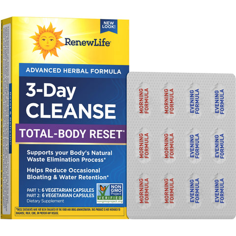 View 1 3-Day CLEANSE TOTAL-BODY RESET box with 12 vegetarian capsules: 6 for Morning Formula, 6 for Evening Formula.