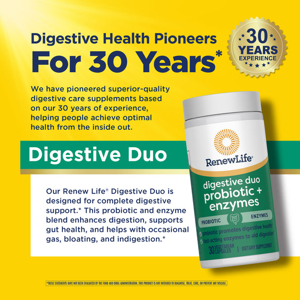 View 8 RenewLife Digestive Duo Probiotic and Enzymes 30 Vegetarian Capsules bottle displayed.