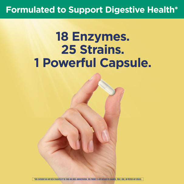 View 6 RN Digestive Duo Probiotic + Enzymes capsule with 18 enzymes and 25 strains, formulated to support digestive health.