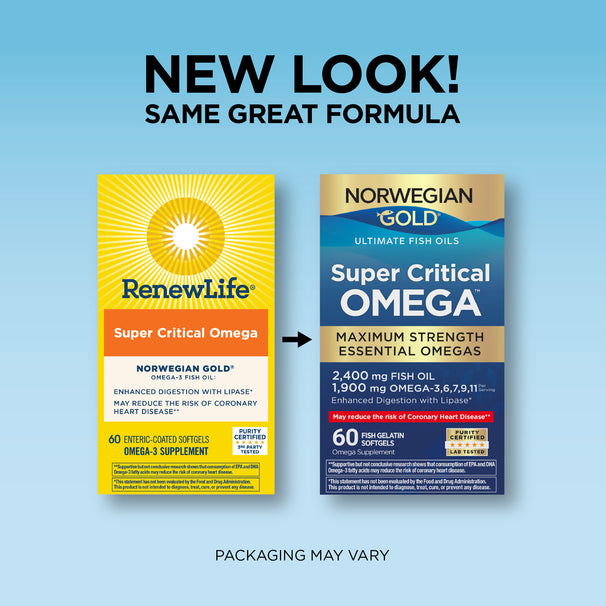 View 3 Norwegian Gold Super Critical Omega 60 Softgels: RenewLife (old) and Norwegian Gold (new) packaging shown. New look, same formula, may vary.
