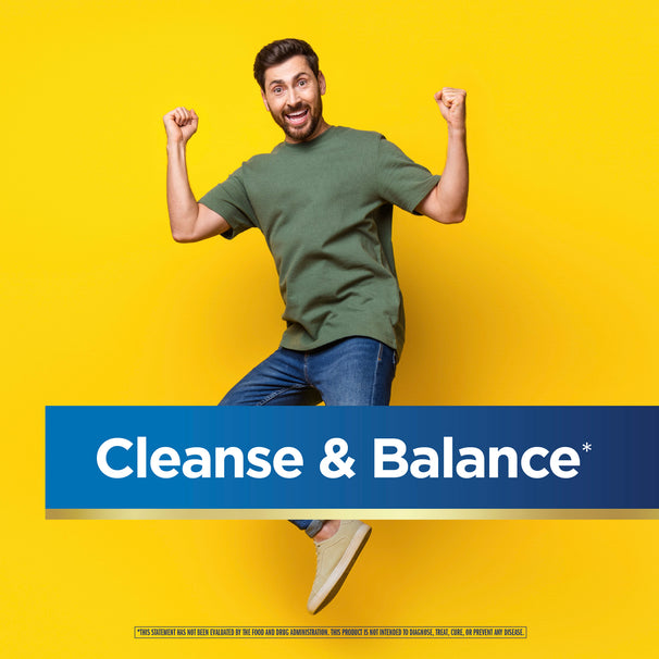 View 6 A smiling man in a green shirt and jeans jumps with fists raised, beside a blue banner stating 'Cleanse & Balance*' for RN 3 Day Liver Cleanse.