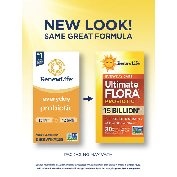 View 3 RenewLife Ultimate Flora Everyday Probiotic 15 Billion CFU, 30 Delayed Release Vegan Capsules, new and old packaging.