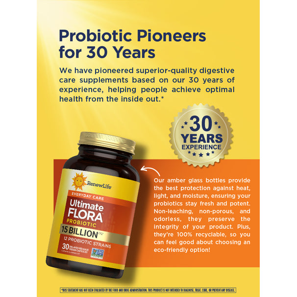 View 7 RenewLife Ultimate FLORA Probiotic with 15 Billion CFU, offering 30 vegan, delayed-release capsules.