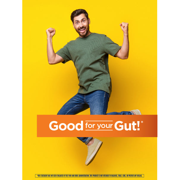 View 6 Man jumping excitedly against a yellow background. An orange banner says 'Good for your Gut!'. Disclaimer text below.
