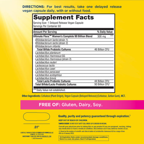View 2 Ultimate Flora Women's Complete Probiotic 90 Billion, 60 Delayed Release Vegan Caps Supplement Facts