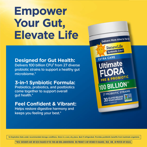 View 4 RenewLife Ultimate Flora Probiotic features 100 Billion CFU with 27 strains in 30 vegan capsules.