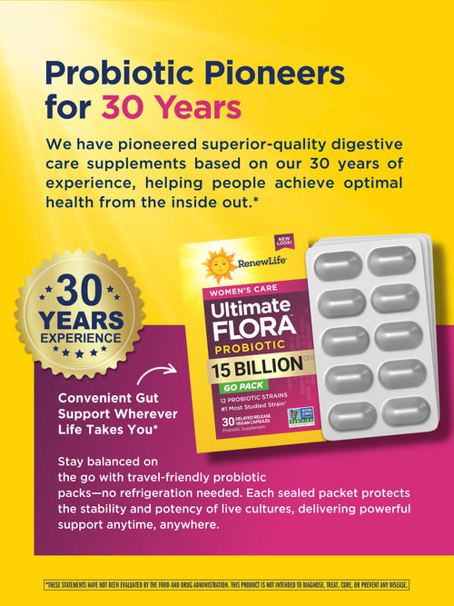 View 6 Probiótico Ultimate Flora Women's Care 15 Bilhões GO PACK, 30 Cápsulas Veganas de Liberação Retardada