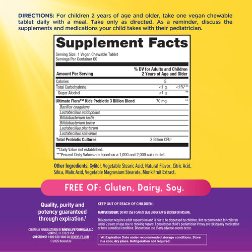View 2 Ultimate Flora Kids Probiotic Comprimés à Mâcher 3 Milliards, 60 Comprimés à Mâcher Saveur Fruité Délicieuse