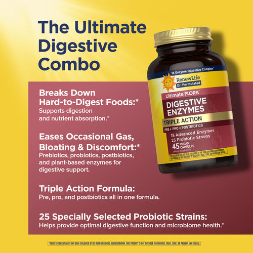 View 3 Enzymes digestives Triple Action Pre + Pro + Postbiotiques, 45 capsules véganes