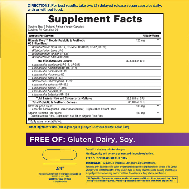 View 2 Supplement Facts panel details for RN Mood 65 B Probiotic DR 60 Capsule.