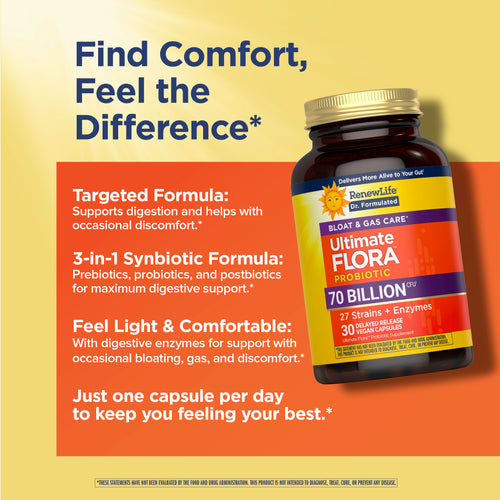 View 3 Ultimate Flora Probiotico Gonfiore e Gas 70 Miliardi, 30 Capsule Vegane a Rilascio Ritardato
