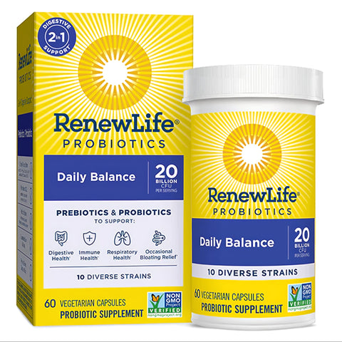View 1 RenewLife Daily Balance Prebiotics & Probiotics contains 60 vegetarian capsules with 20 billion CFU and 10 diverse strains.