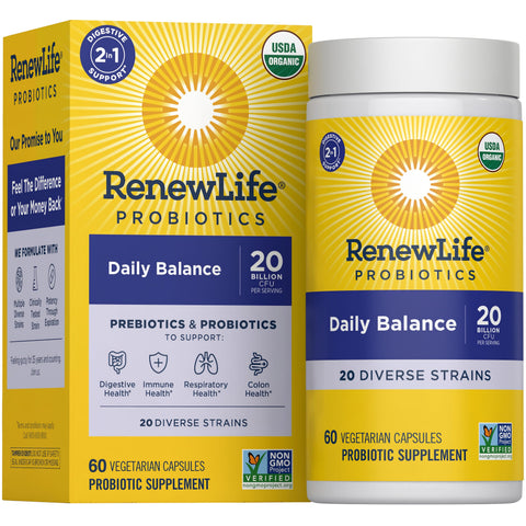 View 1 RenewLife Daily Balance Probiotic + Prebiotic features 60 vegetarian capsules with 20 billion CFU and 20 diverse strains.