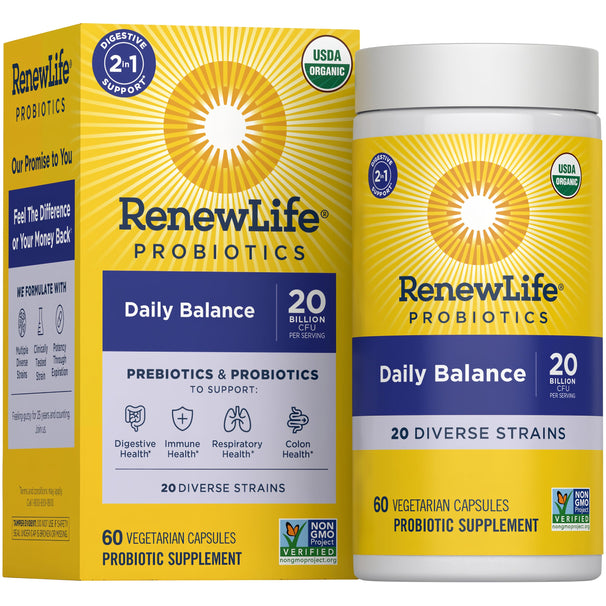 View 1 RenewLife Daily Balance Probiotic + Prebiotic features 60 vegetarian capsules with 20 billion CFU and 20 diverse strains.