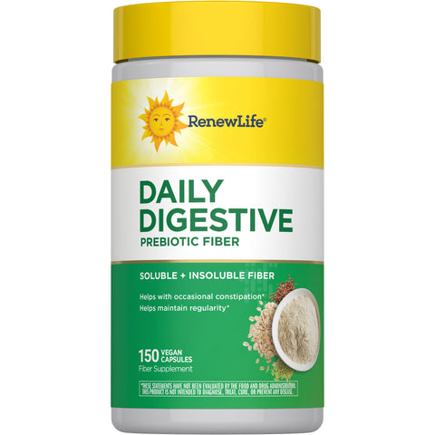 View 1 Daily Digestive Prebiotic Fiber supplement, 150 vegan capsules with soluble and insoluble fiber.