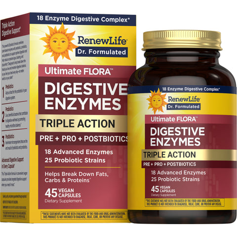 View 1 Enzymes digestives Triple Action Pre + Pro + Postbiotiques, 45 capsules véganes