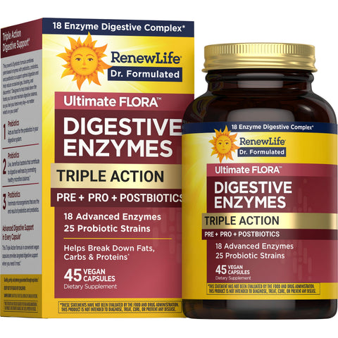 View 1 Digestive Enzymes Triple Action Pre + Pro + Postbiotics, 45 Vegan Capsules