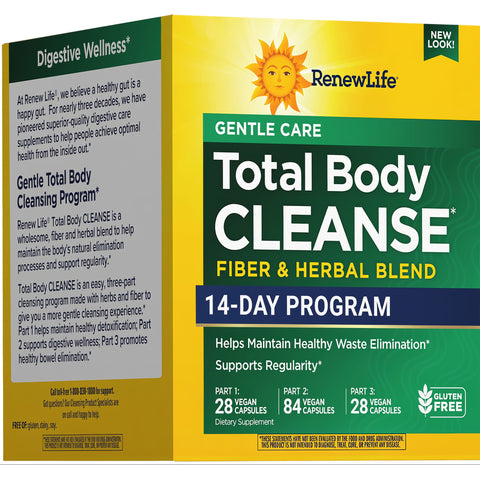View 1 RenewLife Total Body CLEANSE is a 14-day fiber and herbal blend program. Gluten-free, 3-part kit with vegan capsules.