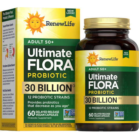 View 1 Ultimate Flora Adult 50+ Probiotic with 30 Billion CFU in 60 delayed release vegan capsules.