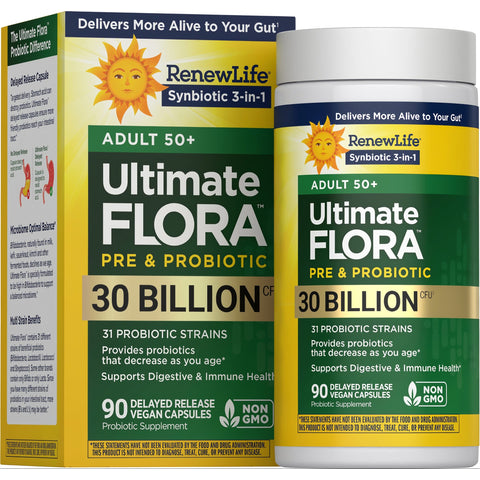 View 1 RenewLife Ultimate Flora Pre & Probiotic for Adults 50+, 30 Billion CFU, 90 Vegan Capsules, Non-GMO formula.