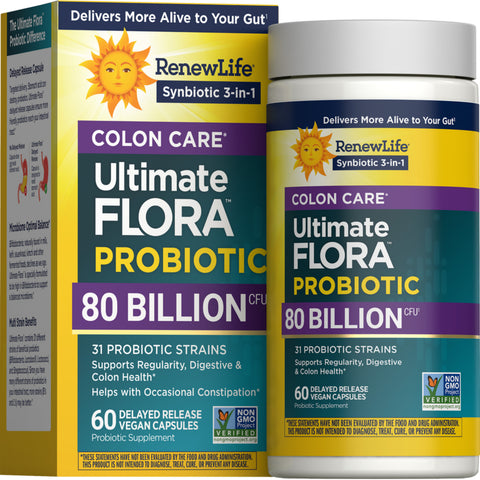 View 1 RenewLife Ultimate Flora Colon Care Probiotic with 80 Billion CFU, 60 vegan delayed release capsules.