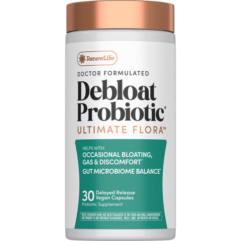 View 1 RenewLife Debloat Probiotic Ultimate Flora offers 30 delayed-release vegan capsules as a probiotic supplement.