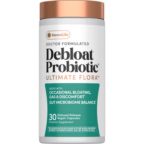 View 1 Debloat Probiotic Ultimate Flora, 30 delayed-release vegan capsules in a bottle.