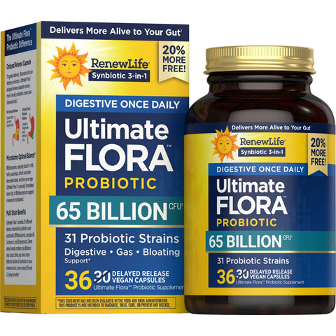 View 1 Ultimate Flora Probiotic offers 65 billion CFU and 31 strains for digestive support, in 36 vegan capsules with 20% more content.