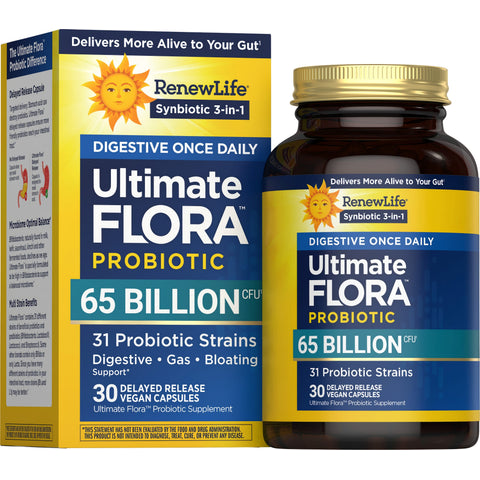 View 1 Ultimate FLORA Probiotic with 65 billion CFU and 30 vegan delayed release capsules.