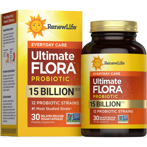 View 1 RenewLife Ultimate FLORA Probiotic Everyday Care with 15 Billion CFU, 30 vegan capsules in delayed release form.