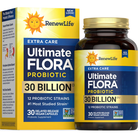 View 1 Ultimate Flora Extra Care Probiotic with 30 billion CFU in 30 delayed release vegan capsules.
