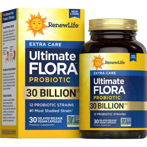 View 1 RenewLife Ultimate FLORA PROBIOTIC, 30 Billion CFU, 30 Delayed Release Vegan Capsules for digestive health.