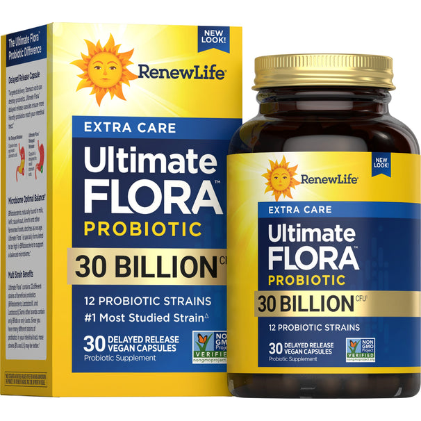 View 1 RenewLife Ultimate FLORA PROBIOTIC, 30 Billion CFU, 30 Delayed Release Vegan Capsules for digestive health.