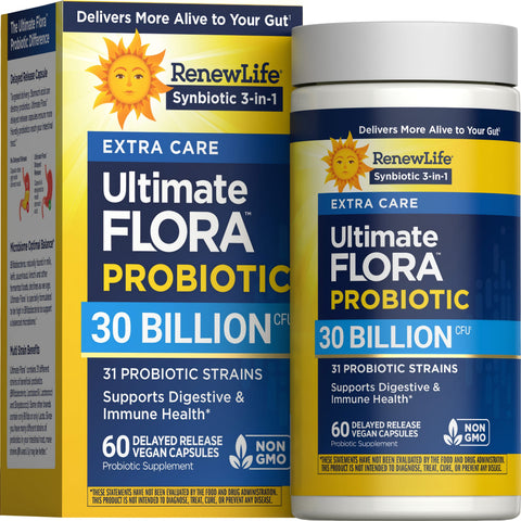 View 1 RenewLife Ultimate Flora Extra Care Probiotic with 30 Billion CFU, 60 delayed-release vegan capsules.