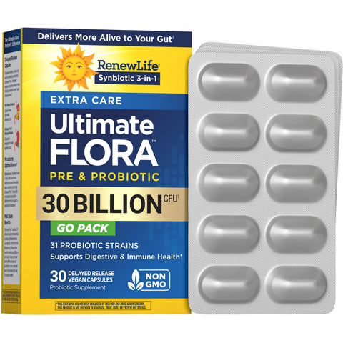 View 1 RenewLife Ultimate FLORA PRE & PROBIOTIC Extra Care, 30 Billion CFU, with 30 delayed release vegan capsules in blister pack.