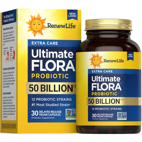 View 1 RenewLife Ultimate Flora Extra Care Probiotic offers 50 Billion CFU in 30 vegan capsules for delayed release.