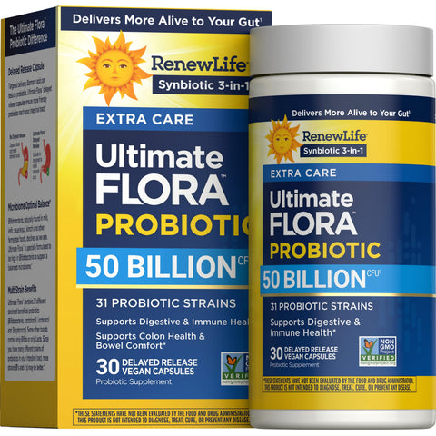 View 1 RenewLife Ultimate Flora Probiotic, Extra Care, 50 Billion CFU, 31 Strains, 30 Delayed Release Vegan Capsules.