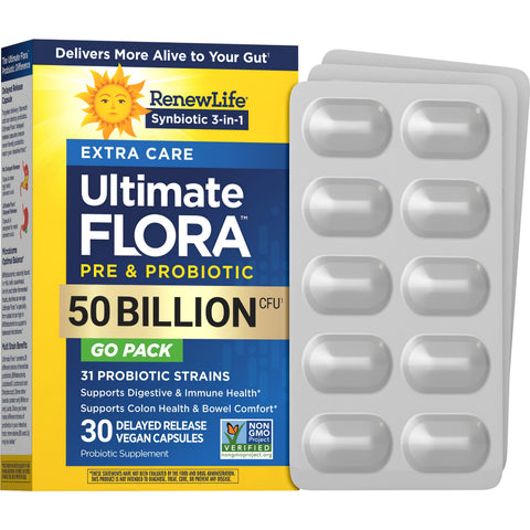 View 1 RenewLife Ultimate FLORA Extra Care Pre & Probiotic 50 Billion CFU GO PACK, with 30 delayed release vegan capsules.