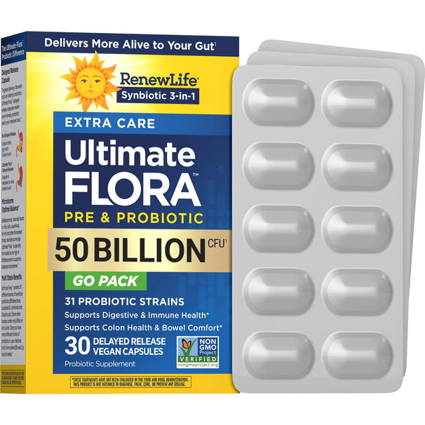 View 1 RenewLife Ultimate FLORA Extra Care Pre & Probiotic 50 Billion CFU GO PACK, with 30 delayed release vegan capsules.