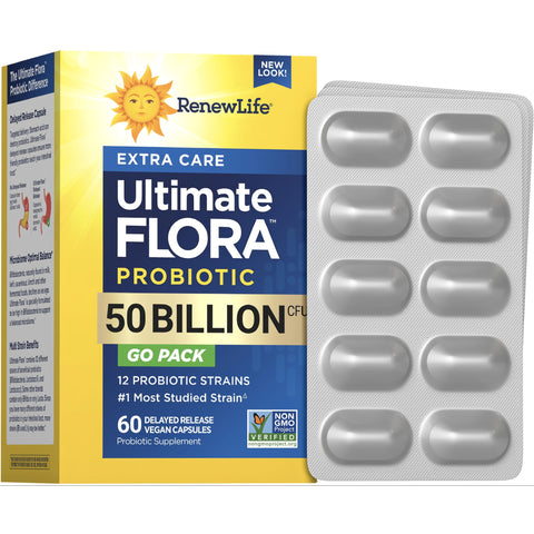 View 1 Ultimate FLORA Extra Care Probiotic, 50 Billion CFU, GO PACK with 60 delayed release vegan capsules.