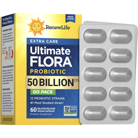 View 1 RenewLife Ultimate Flora Extra Care Probiotic 50 Billion CFU GO PACK, 60 delayed-release vegan capsules in blister pack.
