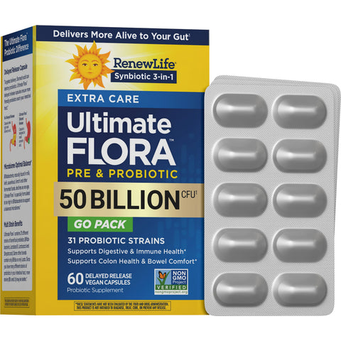 View 1 RenewLife Ultimate FLORA Pre & Probiotic EXTRA CARE 50 Billion GO PACK with 60 delayed release vegan capsules in blister pack.