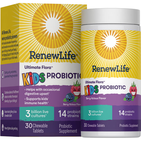 View 1 RenewLife Ultimate Flora Kids Probiotic Berry-licious Flavor, 3 billion live cultures, 14 probiotic strains, 30 Chewable Tablets.
