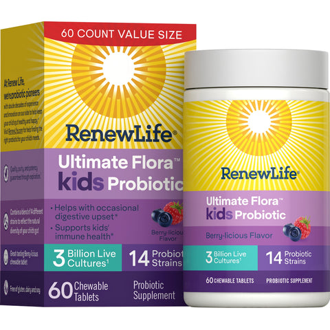 View 1 RenewLife Ultimate Flora kids Probiotic, 60 chewable tablets with 3 billion live cultures and 14 probiotic strains.