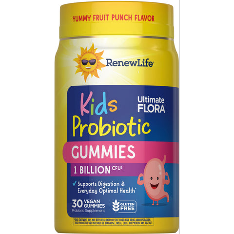 View 1 RenewLife Kids Probiotic Gummies come in fruit punch flavor, offer 1 Billion CFU, 30 vegan gummies, and are gluten-free.