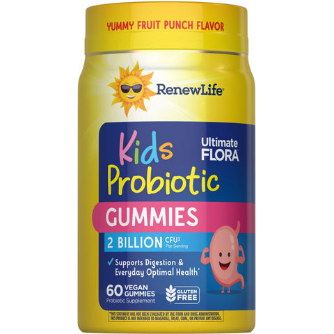 View 1 RenewLife Ultimate Flora Kids Probiotic Gummies with fruit punch flavor, 2 Billion CFU, 60 vegan gummies, gluten-free.