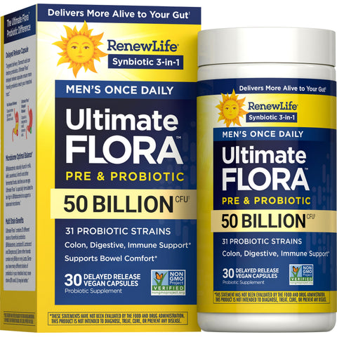 View 1 RenewLife Ultimate Flora Men's Once Daily Pre & Probiotic with 50 Billion CFU, 30 delayed release vegan capsules.