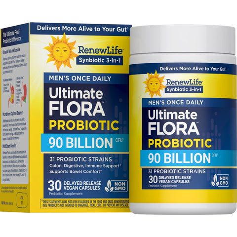 View 1 Ultimate FLORA PROBIOTIC Men's Once Daily with 90 Billion CFU, 31 strains, and 30 delayed-release vegan capsules.